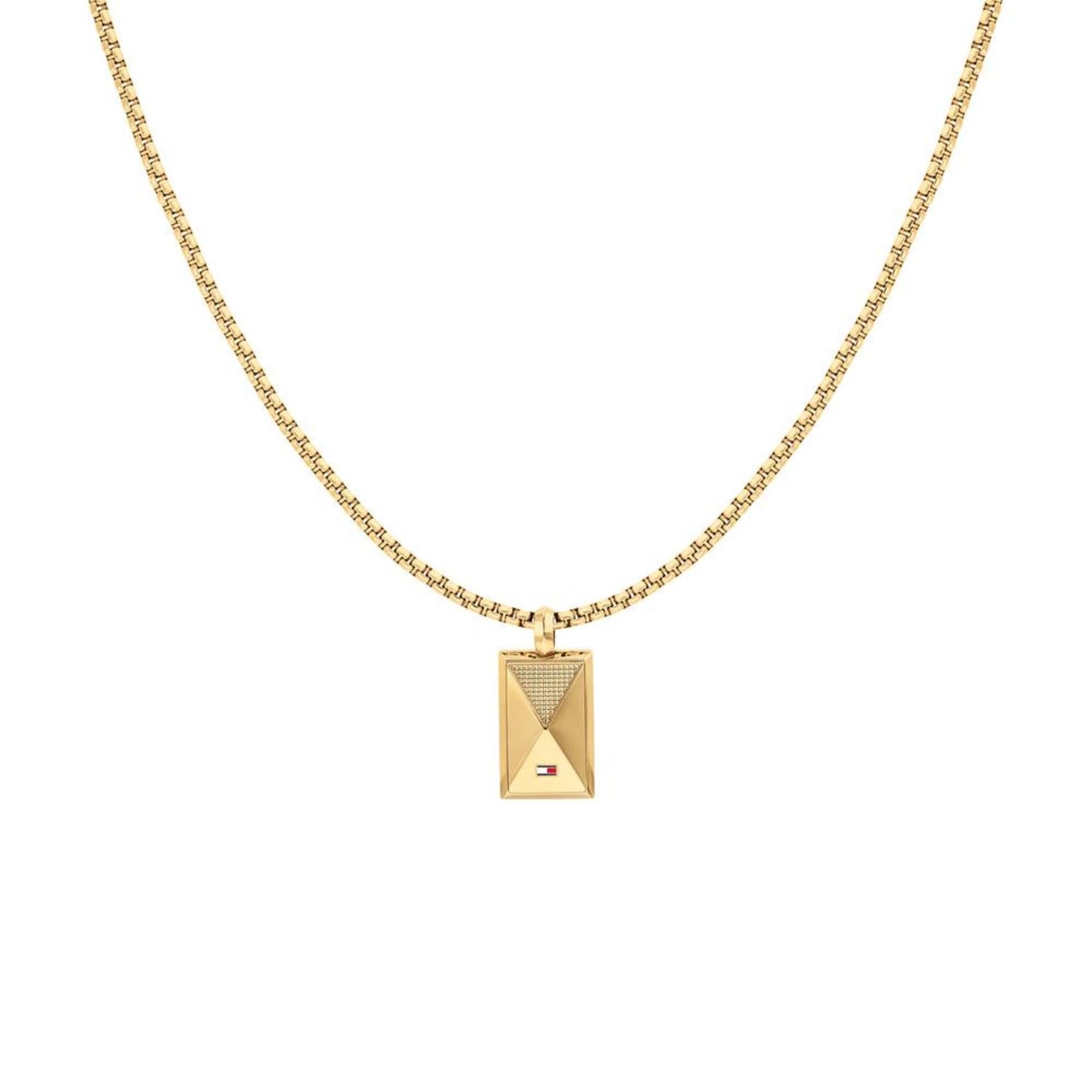 Γυναικείο κολιέ Tommy Hilfiger 2790565 με τετράγωνο κρεμαστό από ανοξείδωτο ατσάλι σε χρυσό χρώμα με ζιργκόν στο επάνω τμήμα του.