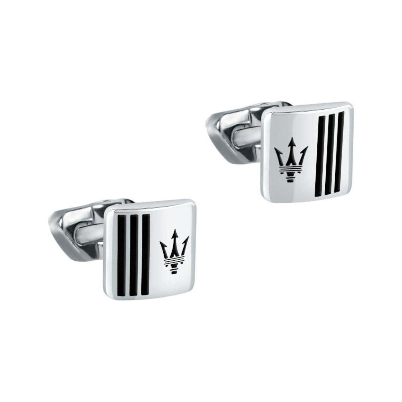 Ανδρικά τετράγωνα μανικετόκουμπα Maserati Ιconic JM422AVD10 σε ασημί-μαύρο χρώμα από ανοξείδωτο ατσάλι με μαύρη τρίαινα.