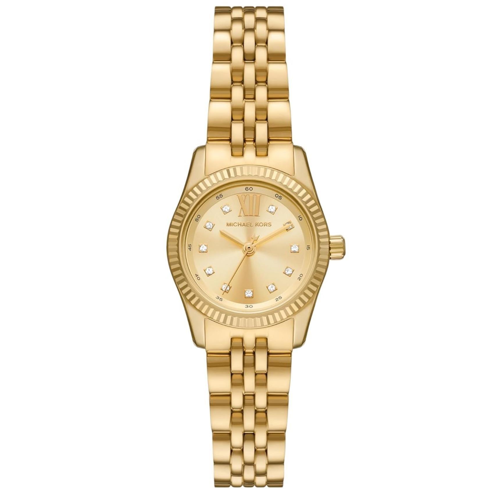 Γυναικείο ρολόι Michael Kors Lexington MK4741 με χρυσό ατσάλινο μπρασελέ, στρογγυλό χρυσό καντράν με ημερομηνία και ζιργκόν και στεφάνι 26mm.