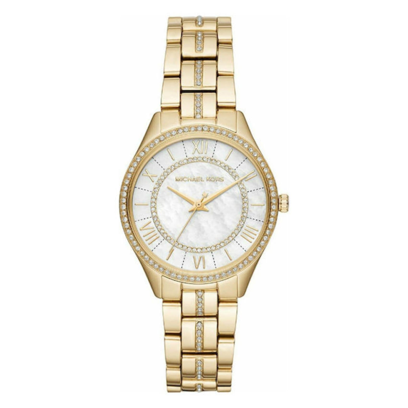 Ρολόι Michael Kors Lauryn MK3899 με χρυσό ατσάλινο μπρασελέ και άσπρο φίλντισι καντράν διαμέτρου 33mm με ζιργκόν.