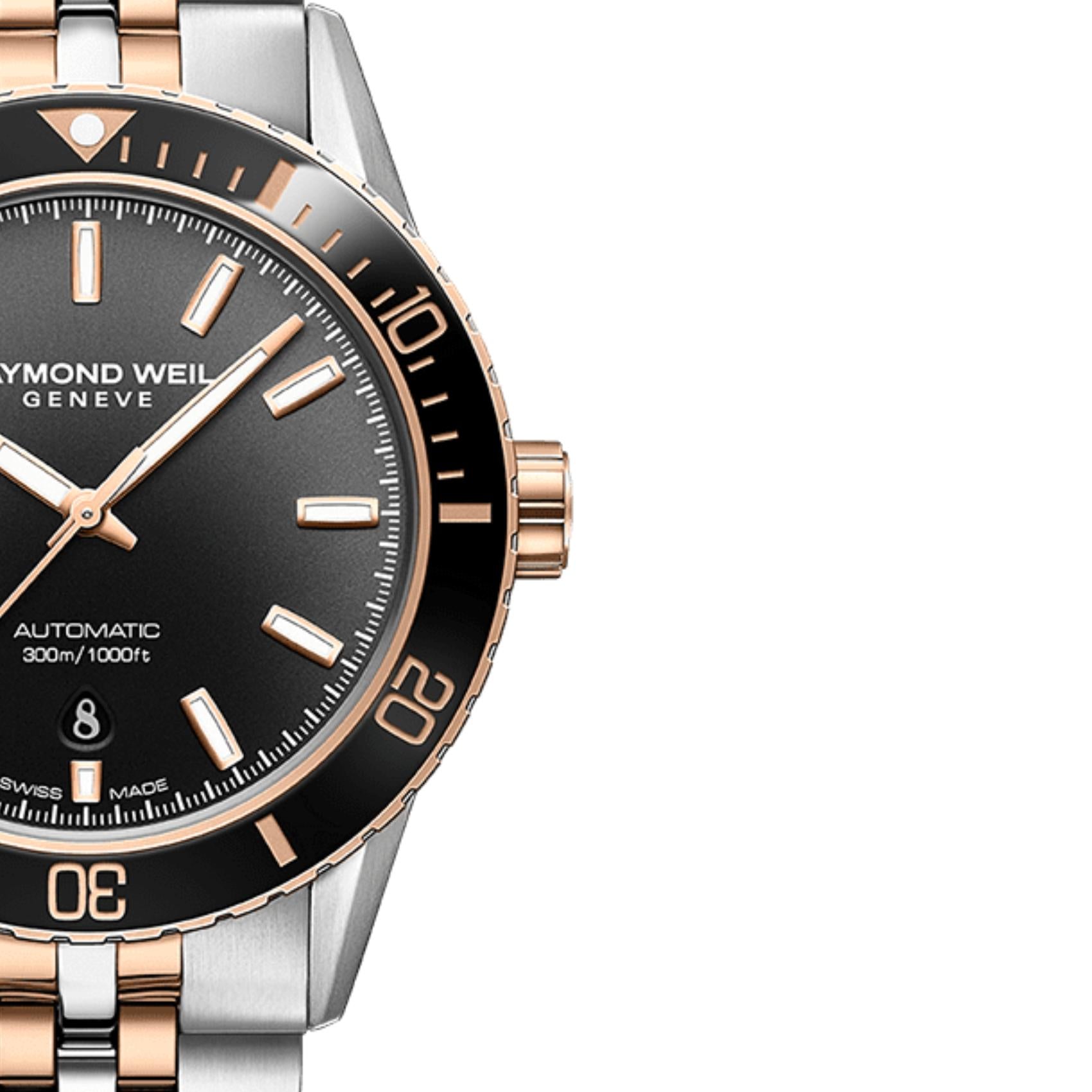 Raymond Weil Freelancer 2775-S51-20051 Diver αυτόματο με δίχρωμο ασημί-ροζ χρυσό ατσάλινο μπρασελέ και μαύρο καντράν διαμέτρου 42mm.