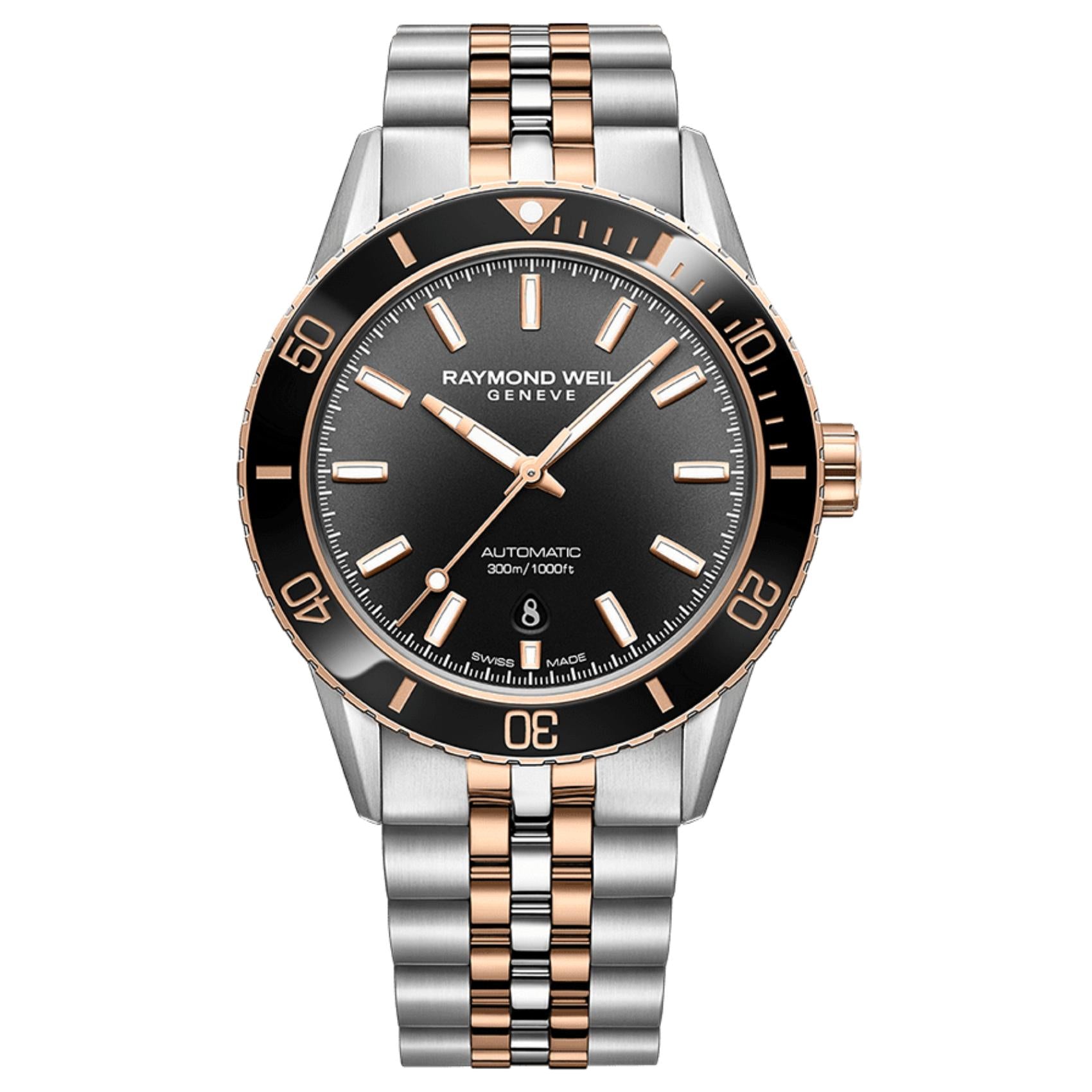 Raymond Weil Freelancer 2775-S51-20051 Diver αυτόματο με δίχρωμο ασημί-ροζ χρυσό ατσάλινο μπρασελέ και μαύρο καντράν διαμέτρου 42mm.