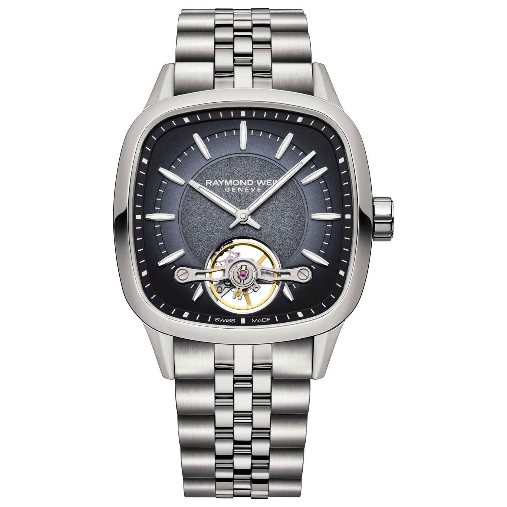 Raymond Weil Freelancer 2790-ST-50051 με ασημί ατσάλινο μπρασελέ και τετράγωνο μπλε skeleton καντράν διαστάσεων 40mmX40mm.