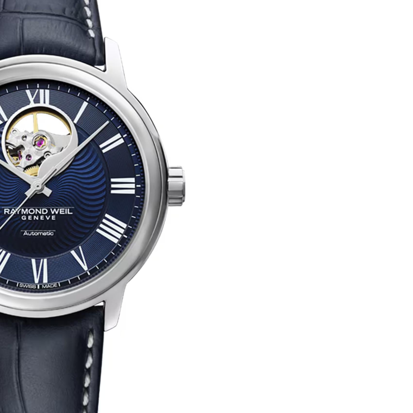 Ρολόι Raymond Weil Maestro 2227-STC-00508 με μπλε δερμάτινο λουράκι και μπλε καντράν διαμέτρου 40mm.