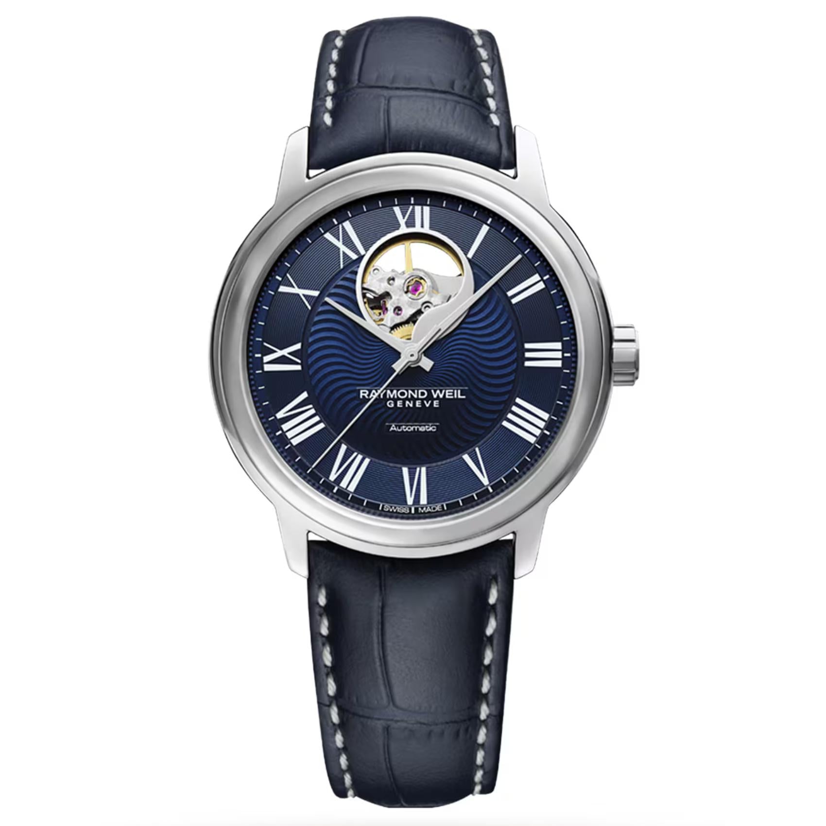 Ρολόι Raymond Weil Maestro 2227-STC-00508 με μπλε δερμάτινο λουράκι και μπλε καντράν διαμέτρου 40mm.