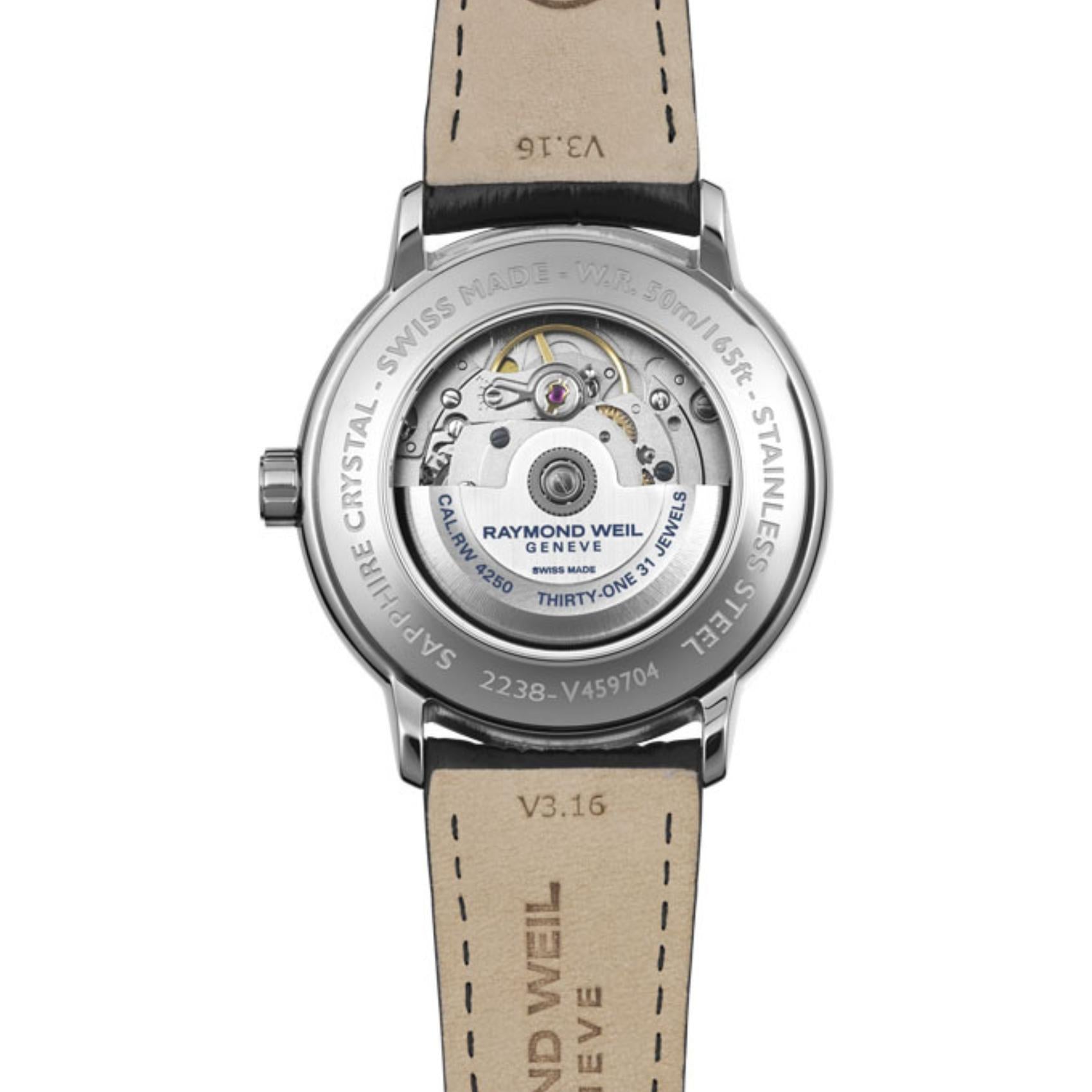 Raymond Weil Maestro 2238-STC-50001 αυτόματο με μαύρο δερμάτινο λουράκι και μπλε καντράν διαμέτρου 39,5mm.