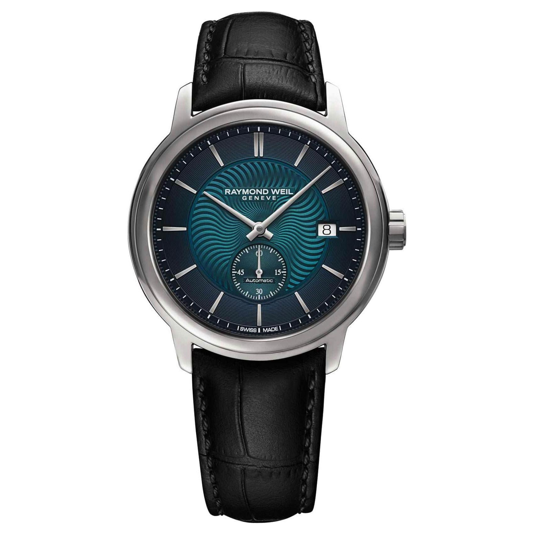 Raymond Weil Maestro 2238-STC-50001 αυτόματο με μαύρο δερμάτινο λουράκι και μπλε καντράν διαμέτρου 39,5mm.