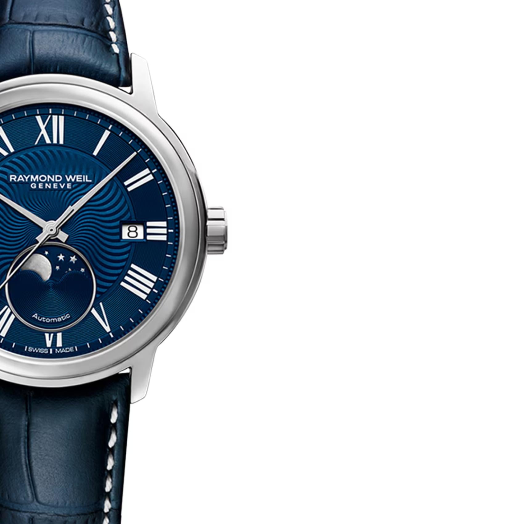 Raymond Weil Maestro Moon Phase 2329-STC-00509 με φάση σελήνης μπλε δερμάτινο λουράκι και μπλε καντράν διαμέτρου 40mm.