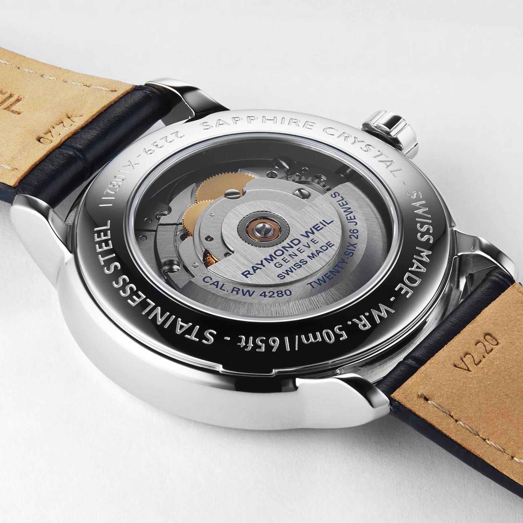 Raymond Weil Maestro Moon Phase 2329-STC-00509 με φάση σελήνης μπλε δερμάτινο λουράκι και μπλε καντράν διαμέτρου 40mm.
