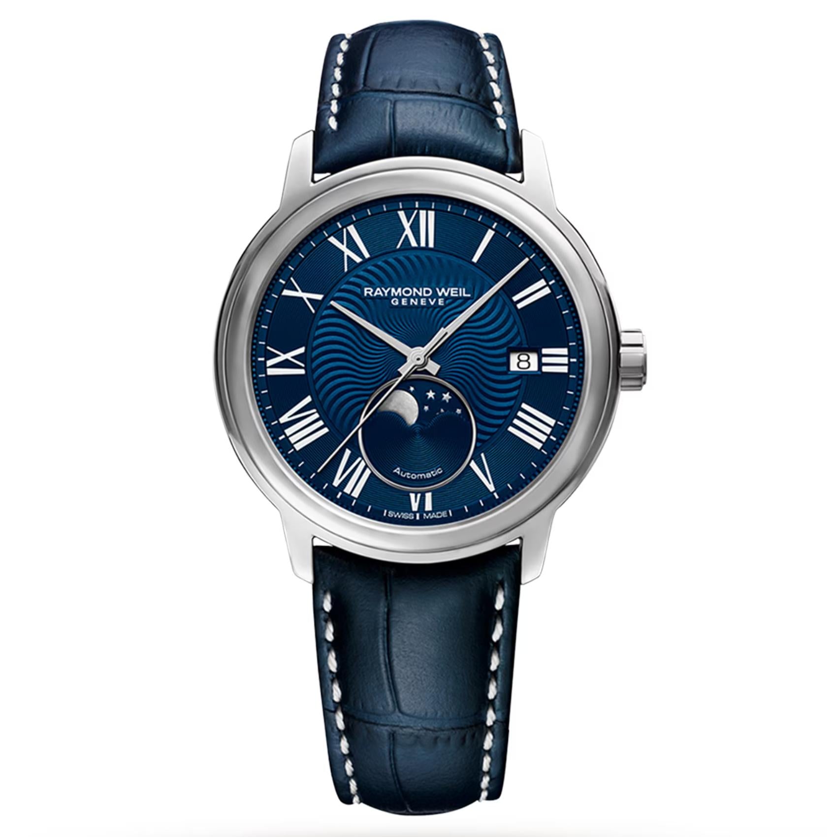 Raymond Weil Maestro Moon Phase 2329-STC-00509 με φάση σελήνης μπλε δερμάτινο λουράκι και μπλε καντράν διαμέτρου 40mm.