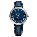 Raymond Weil Maestro Moon Phase 2329-STC-00509 με φάση σελήνης μπλε δερμάτινο λουράκι και μπλε καντράν διαμέτρου 40mm.