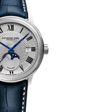 Raymond Weil Maestro Moon Phase 2239-STC-00659 με φάση σελήνης μπλε δερμάτινο λουράκι και ασημί καντράν διαμέτρου 40mm.