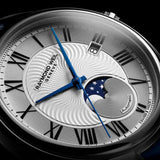 Raymond Weil Maestro Moon Phase 2239-STC-00659 με φάση σελήνης μπλε δερμάτινο λουράκι και ασημί καντράν διαμέτρου 40mm.