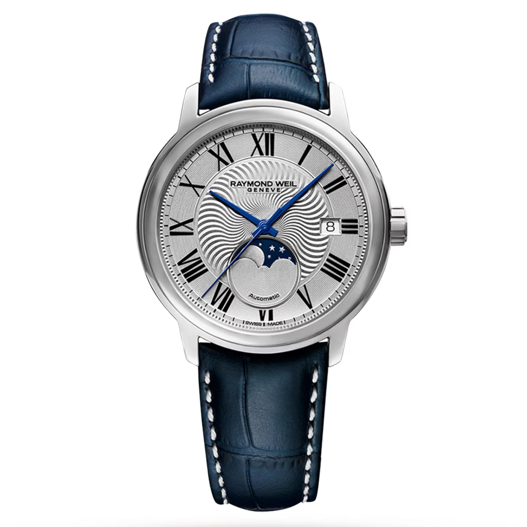 Raymond Weil Maestro Moon Phase 2239-STC-00659 με φάση σελήνης μπλε δερμάτινο λουράκι και ασημί καντράν διαμέτρου 40mm.
