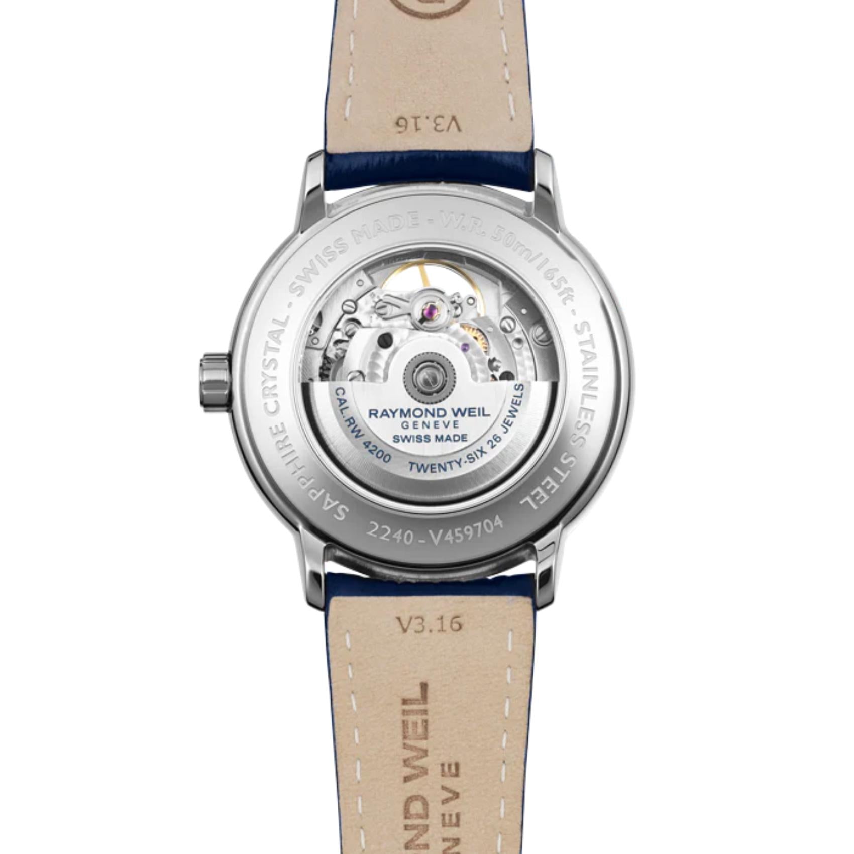 Raymond Weil Maestro Moon Phase 2240-STC-00655 με φάση σελήνης, μπλε δερμάτινο λουράκι και ασημί καντράν διαμέτρου 40mm.