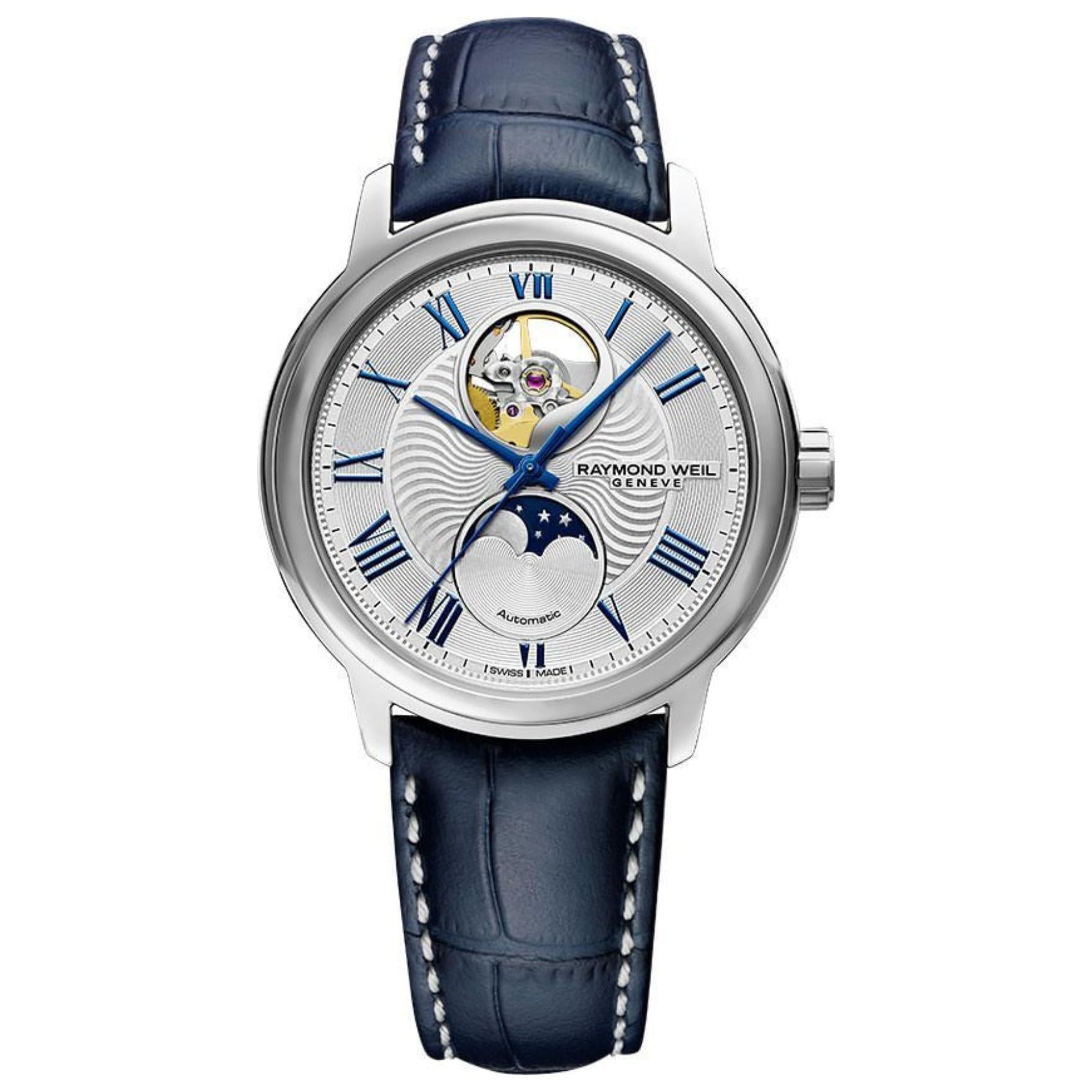 Raymond Weil Maestro Moon Phase 2240-STC-00655 με φάση σελήνης, μπλε δερμάτινο λουράκι και ασημί καντράν διαμέτρου 40mm.