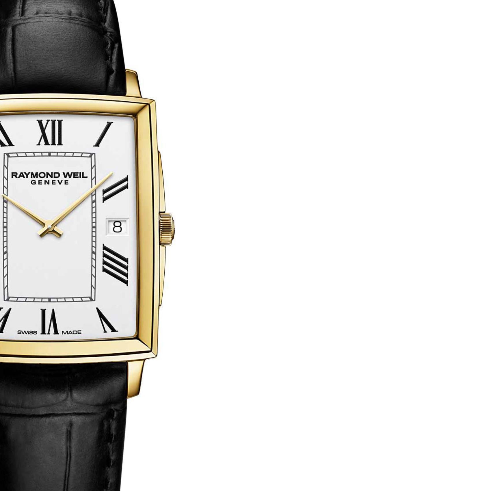 Τετράγωνο ρολόι Raymond Weil Toccata 5425-PC-00300 με μαύρο δερμάτινο λουράκι και άσπρο καντράν μεγέθους 29.6mmx37.25mm.