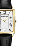 Τετράγωνο ρολόι Raymond Weil Toccata 5425-PC-00300 με μαύρο δερμάτινο λουράκι και άσπρο καντράν μεγέθους 29.6mmx37.25mm.