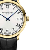 Ρολόι Raymond Weil Toccata 5485-PC-00359 με μαύρο κροκό δερμάτινο λουράκι, άσπρο καντράν 39mm με λατινικούς αριθμούς και χρυσή κάσα.
