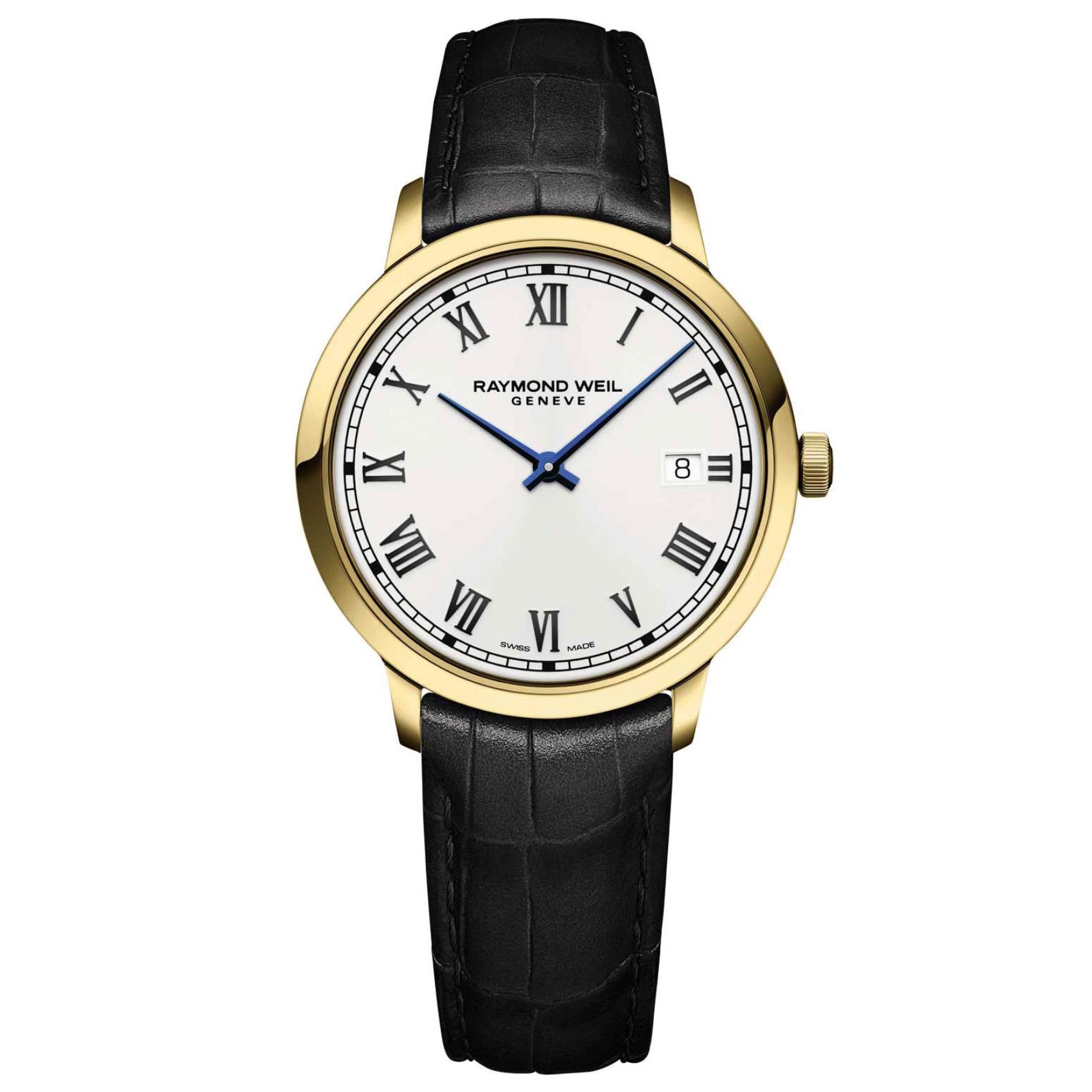 Ρολόι Raymond Weil Toccata 5485-PC-00359 με μαύρο κροκό δερμάτινο λουράκι, άσπρο καντράν 39mm με λατινικούς αριθμούς και χρυσή κάσα.