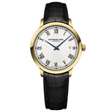 Ρολόι Raymond Weil Toccata 5485-PC-00359 με μαύρο κροκό δερμάτινο λουράκι, άσπρο καντράν 39mm με λατινικούς αριθμούς και χρυσή κάσα.