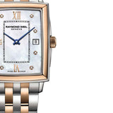 Τετράγωνο ρολόι Raymond Weil Toccata 5925-SP5-00995 με δίχρωμο μπρασελέ και άσπρο καντράν μεγέθους 22.6mm x 28.1mm.