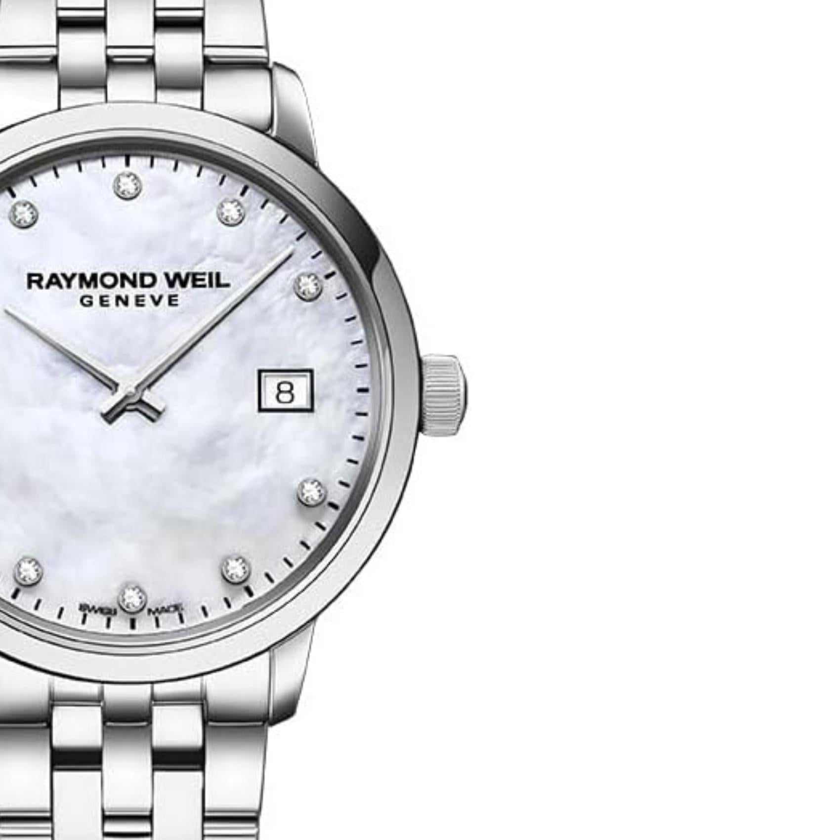 Γυναικείο ρολόι Raymond Weil Toccata Diamonds 5985-ST-97081 με ασημί μπρασελέ και άσπρο φίλντισι καντράν 29mm με διαμάντια.