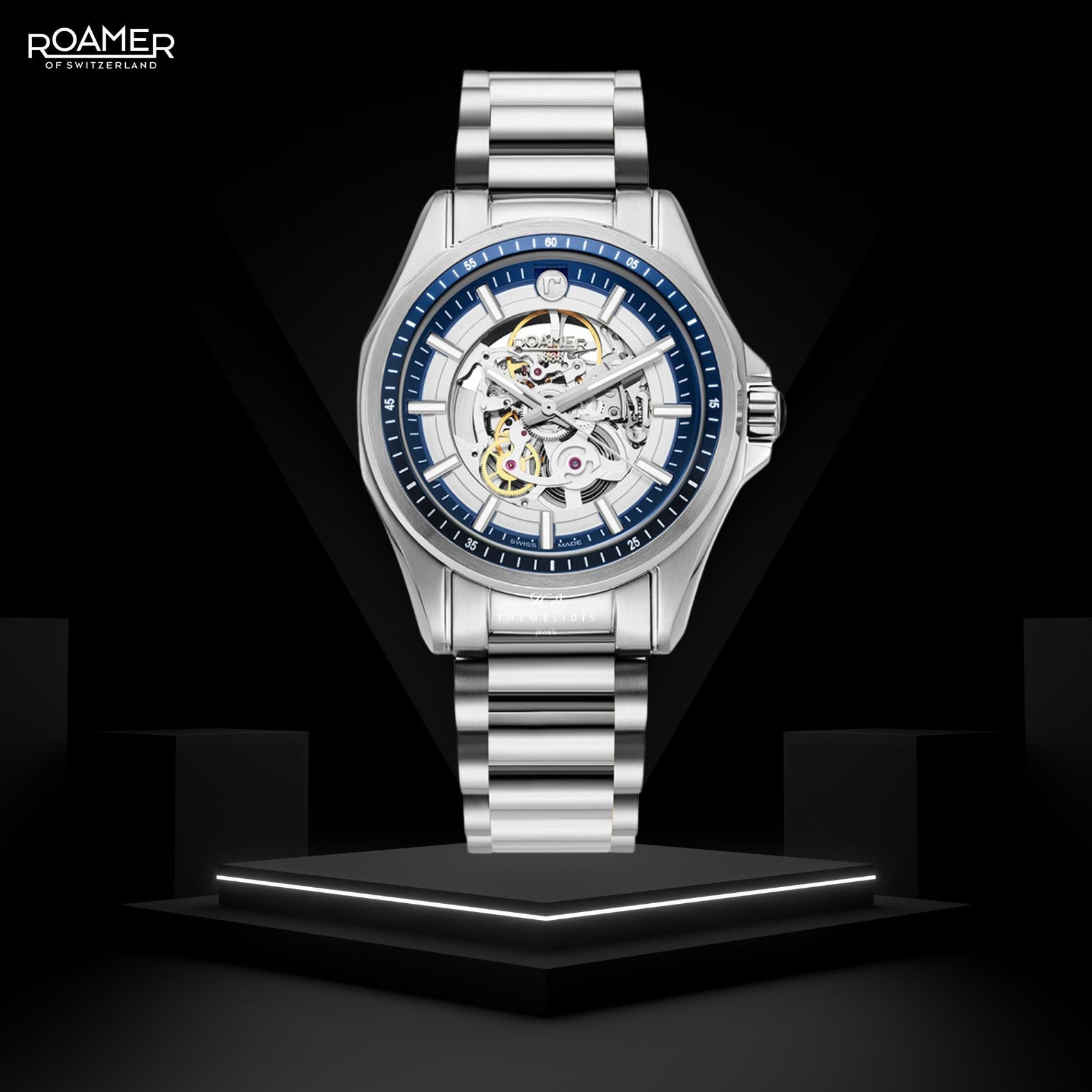 Αυτόματο ρολόι Roamer Rockshell Mark III Skeleton 220984-41-45-20 με ασημί ατσάλινο μπρασελέ και διάφανο ασημί skeleton καντράν διαμέτρου 44mm.