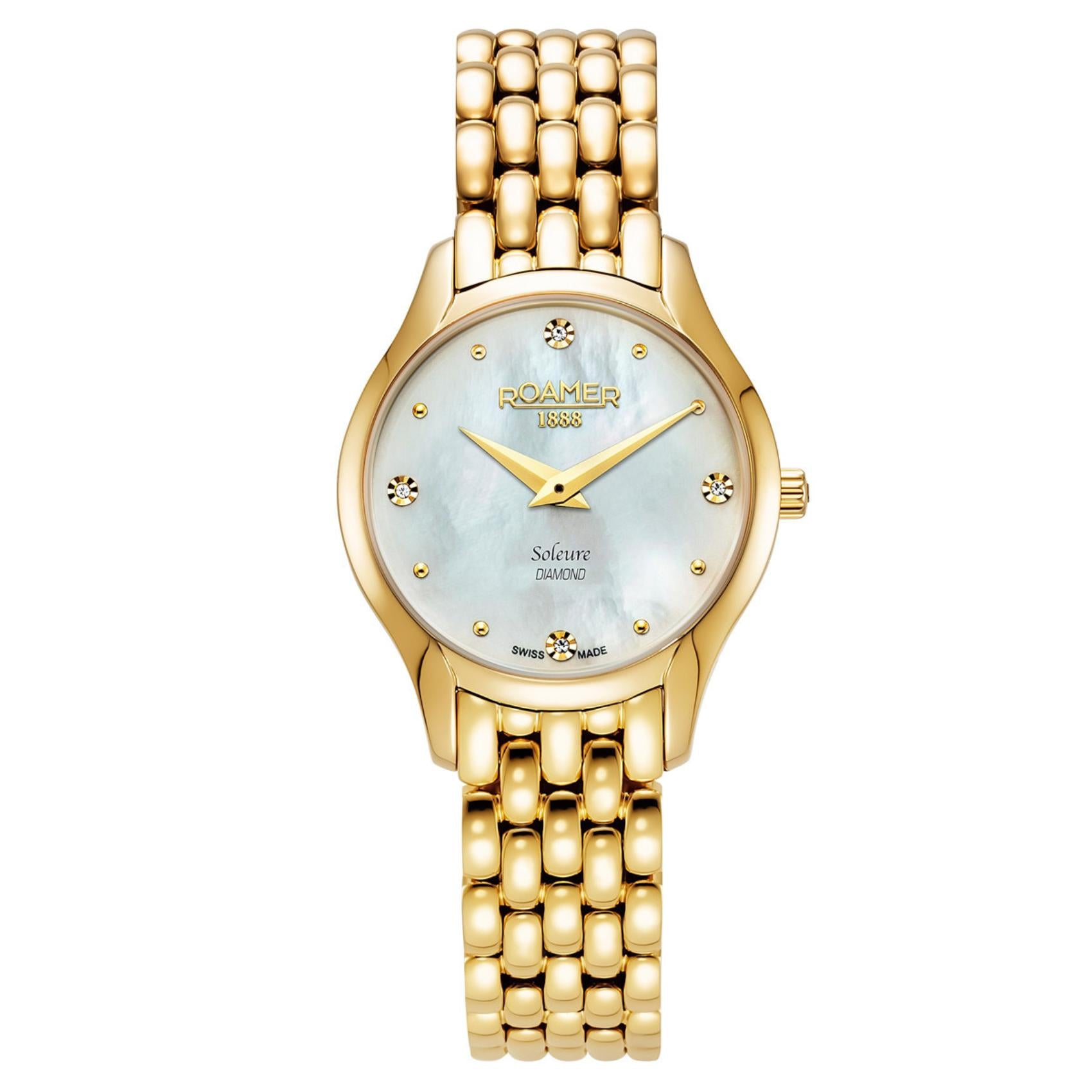 Γυναικείο ρολόι Roamer Soleure Diamond 547857-48-25-50 με χρυσό ατσάλινο μπρασελέ και άσπρο φίλντισι καντράν διαμέτρου 30mm με διαμάντια.