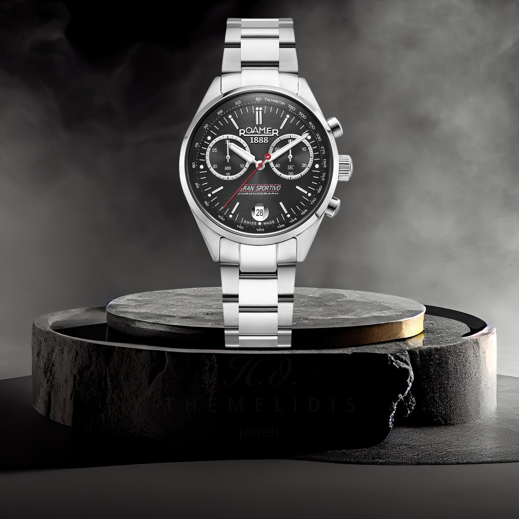 Ανδρικό ρολόι Roamer Sportivo Box Set 978818-41-85-20 χρονογράφος με ασημί ατσάλινο μπρασελέ και μαύρο καντράν 41mm.