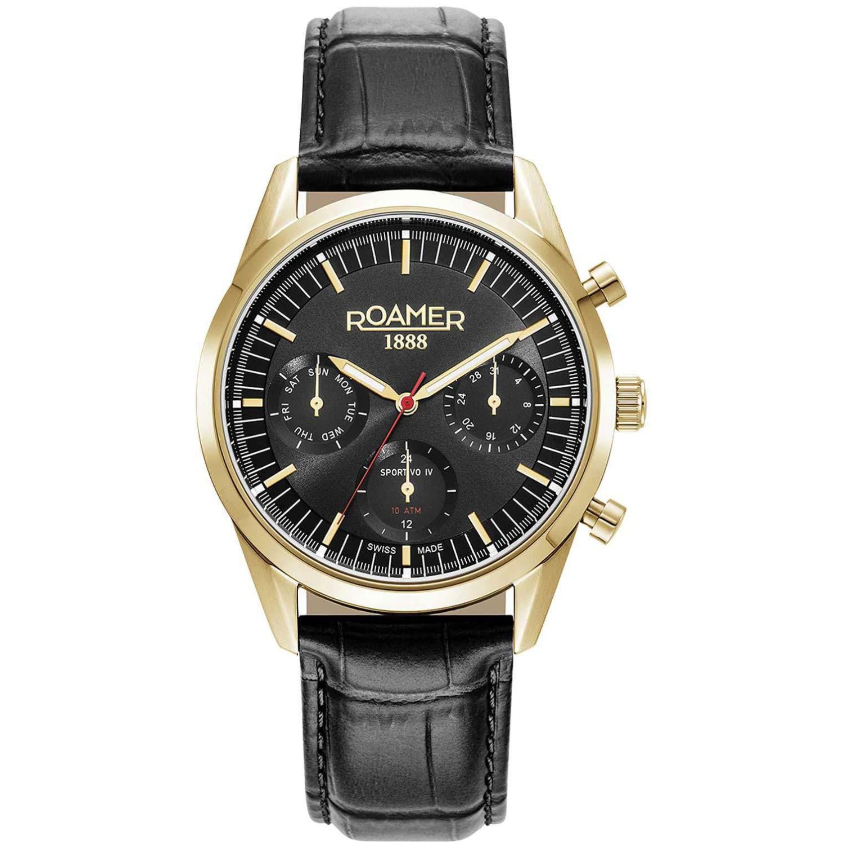 Ανδρικό ρολόι Roamer Sportivo Box Set 868982-48-85-50 χρονογράφος με μαύρο δερμάτινο λουράκι και μαύρο καντράν 41mm.