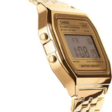 Ρολόι χρονογράφος  Casio Vintage A-158WETG-9AEF με χρυσό ατσάλινο μπρασελέ, χρυσό καντράν σε τετράγωνο σχημα με ψηφιακή ένδειξη και στεγανότητα 3ATM-30Μ.