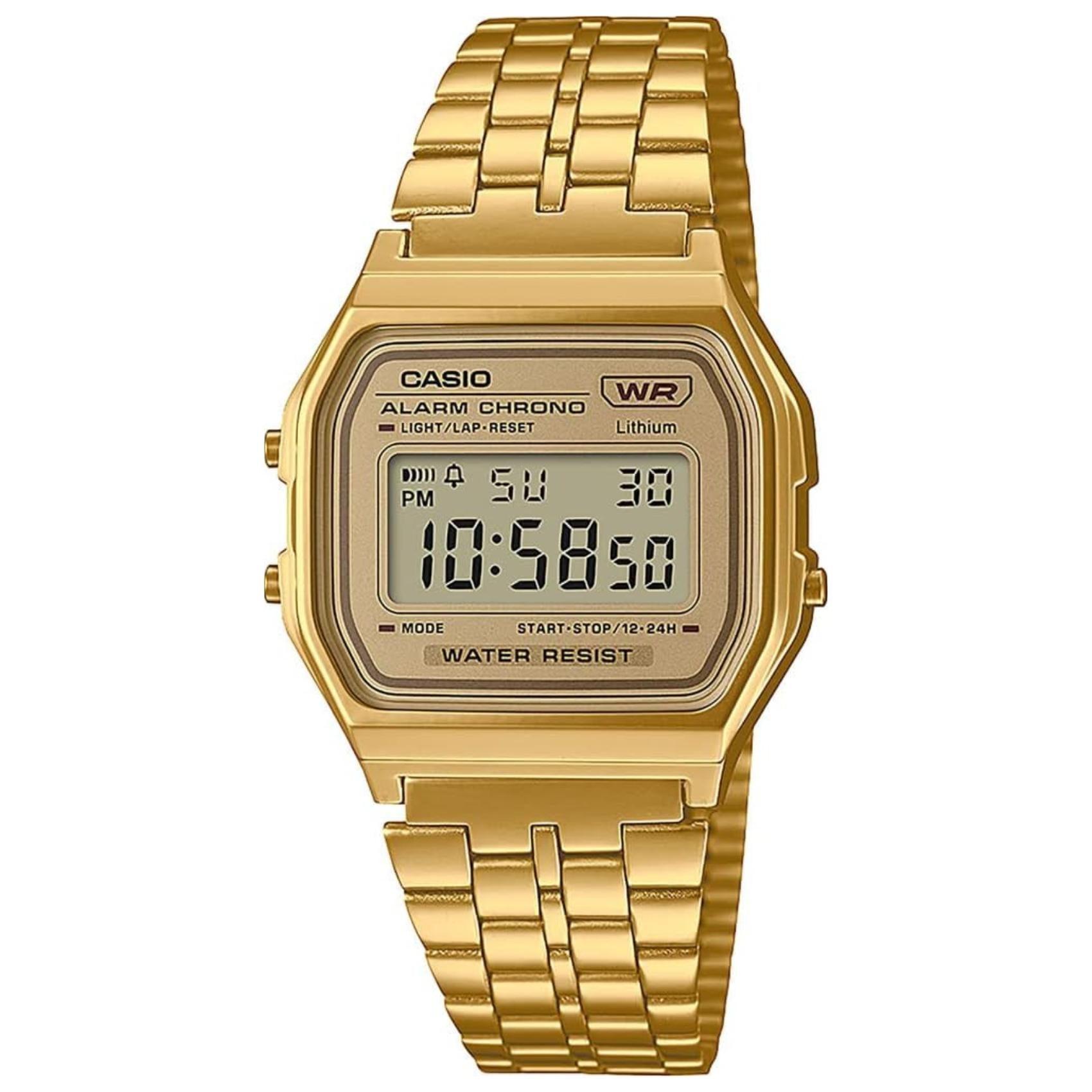 Ρολόι χρονογράφος  Casio Vintage A-158WETG-9AEF με χρυσό ατσάλινο μπρασελέ, χρυσό καντράν σε τετράγωνο σχημα με ψηφιακή ένδειξη και στεγανότητα 3ATM-30Μ.