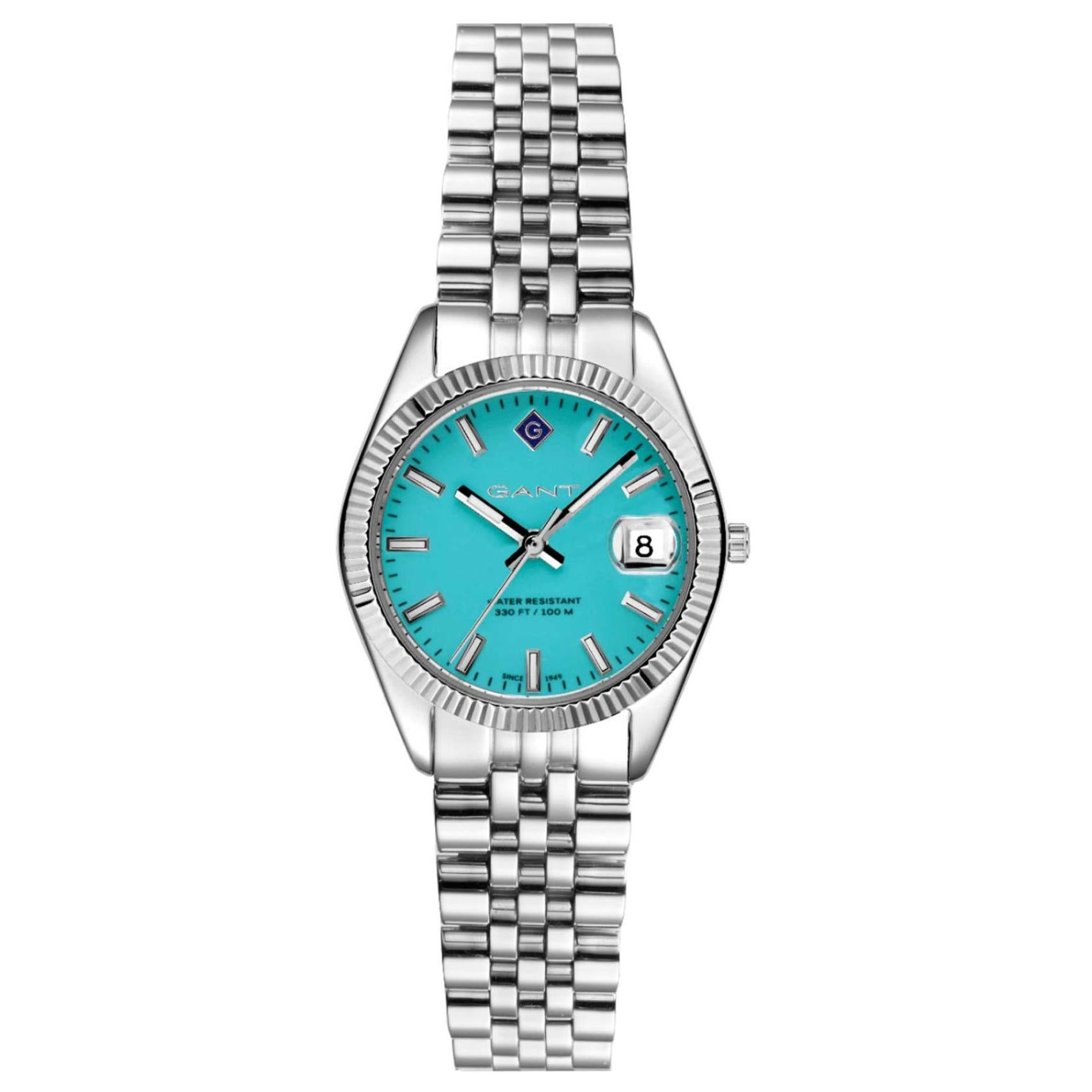 Γυναικείο ρολόι Gant Sussex Mini G181006 με ασημί ατσάλινο μπρασελέ και τιρκουάζ καντράν διαμέτρου 28mm με ένδειξη ημερομηνίας.