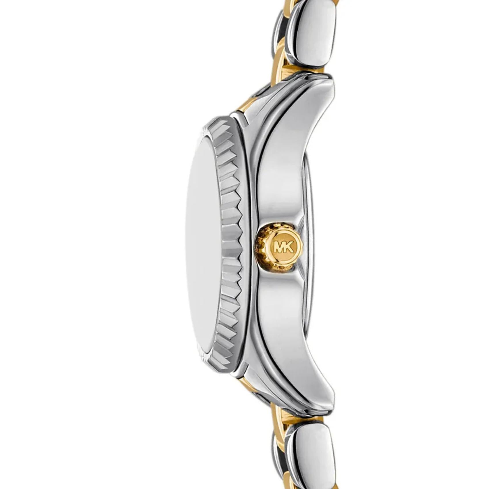 Γυναικείο ρολόι Michael Kors Lexington MK4903 με δίχρωμο ασημί-χρυσό ατσάλινο μπρασελέ και ασημί καντράν 30mm με ζιργκόν, πλαϊνή όψη.