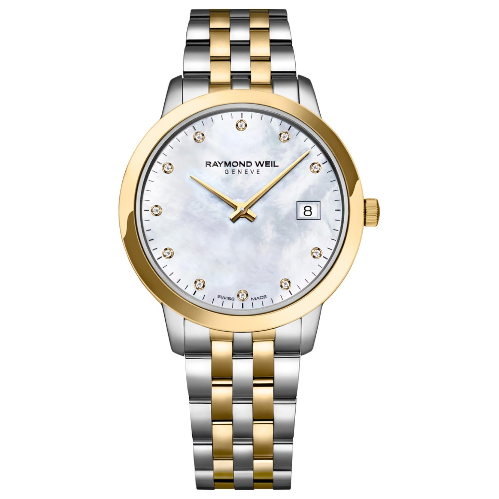 Γυναικείο ρολόι Raymond Weil Toccata Diamonds 5385-STP-97081 με δίχρωμο μπρασελέ και άσπρο φίλντισι καντράν 34mm διακοσμημένο με διαμάντια.