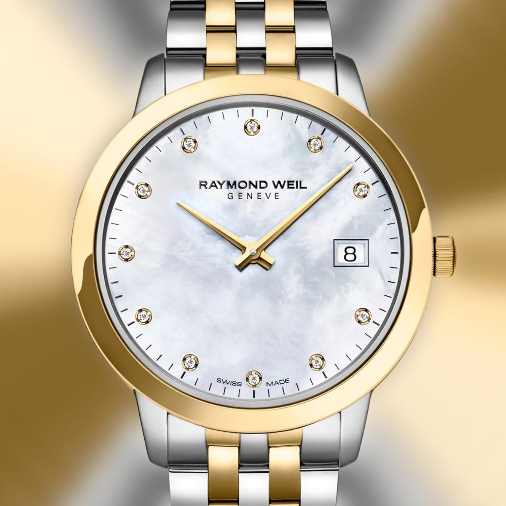 Γυναικείο ρολόι Raymond Weil Toccata Diamonds 5385-STP-97081 με δίχρωμο μπρασελέ και άσπρο φίλντισι καντράν 34mm διακοσμημένο με διαμάντια.