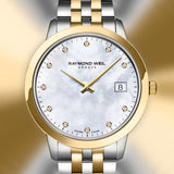 Γυναικείο ρολόι Raymond Weil Toccata Diamonds 5385-STP-97081 με δίχρωμο μπρασελέ και άσπρο φίλντισι καντράν 34mm διακοσμημένο με διαμάντια.