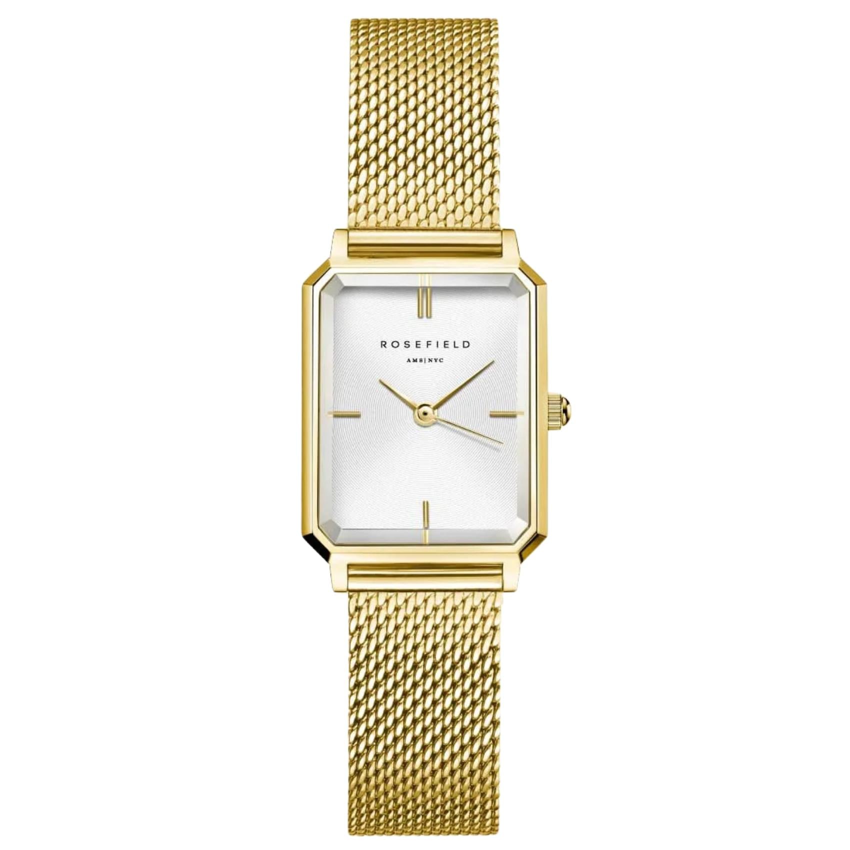 Γυναικείο ρολόι Rosefield Octagon XS Mesh Gold OWGMG-O73 με χρυσό ατσάλινο μπρασελέ και άσπρο οκτάγωνο καντράν μεγέθους 19.5mmX24mm.