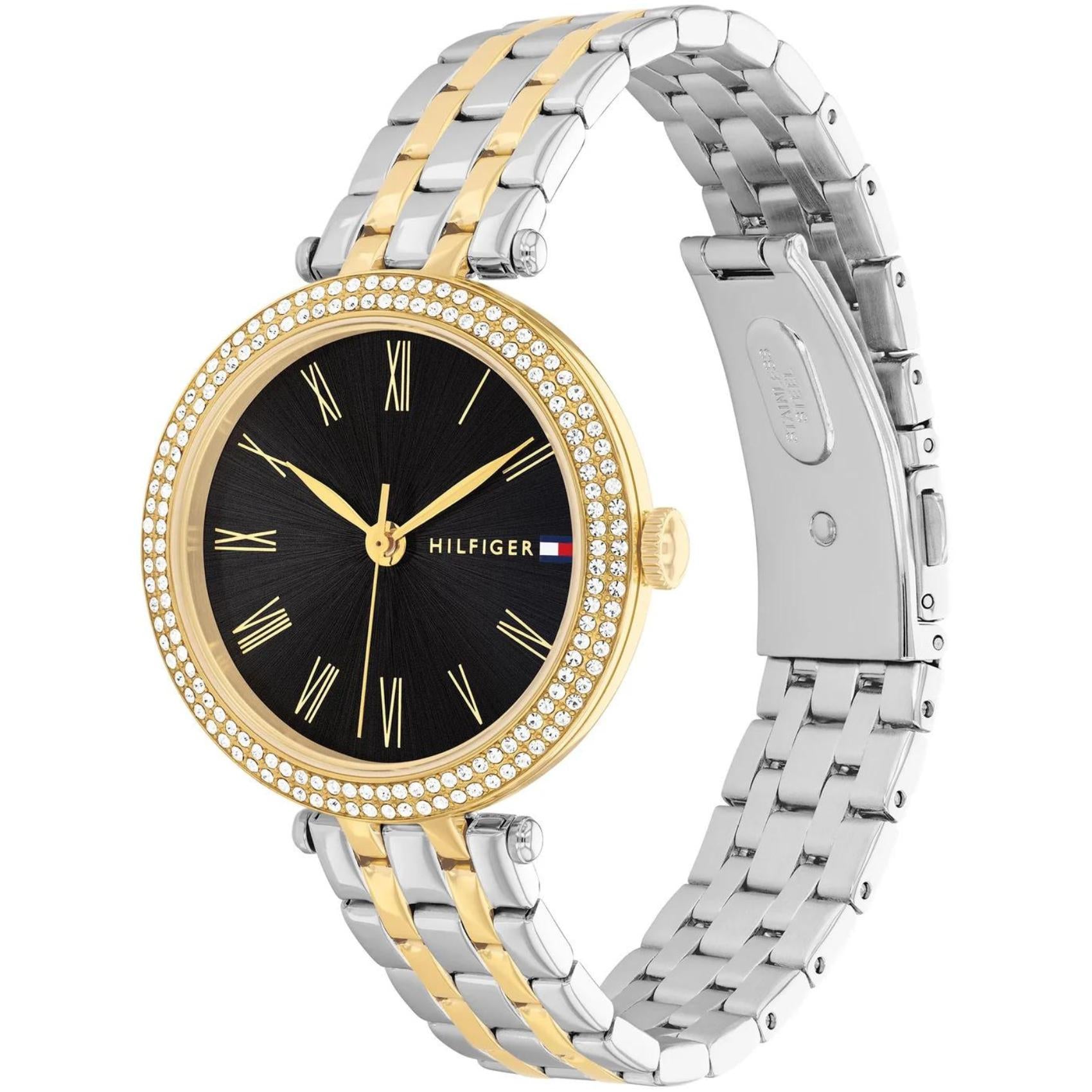 Γυναικείο ρολόι Tommy Hilfiger Natalie 1782720 με δίχρωμο ασημί-χρυσό ατσάλινο μπρασελέ και μαύρο καντράν 34mm με ζιργκόν.