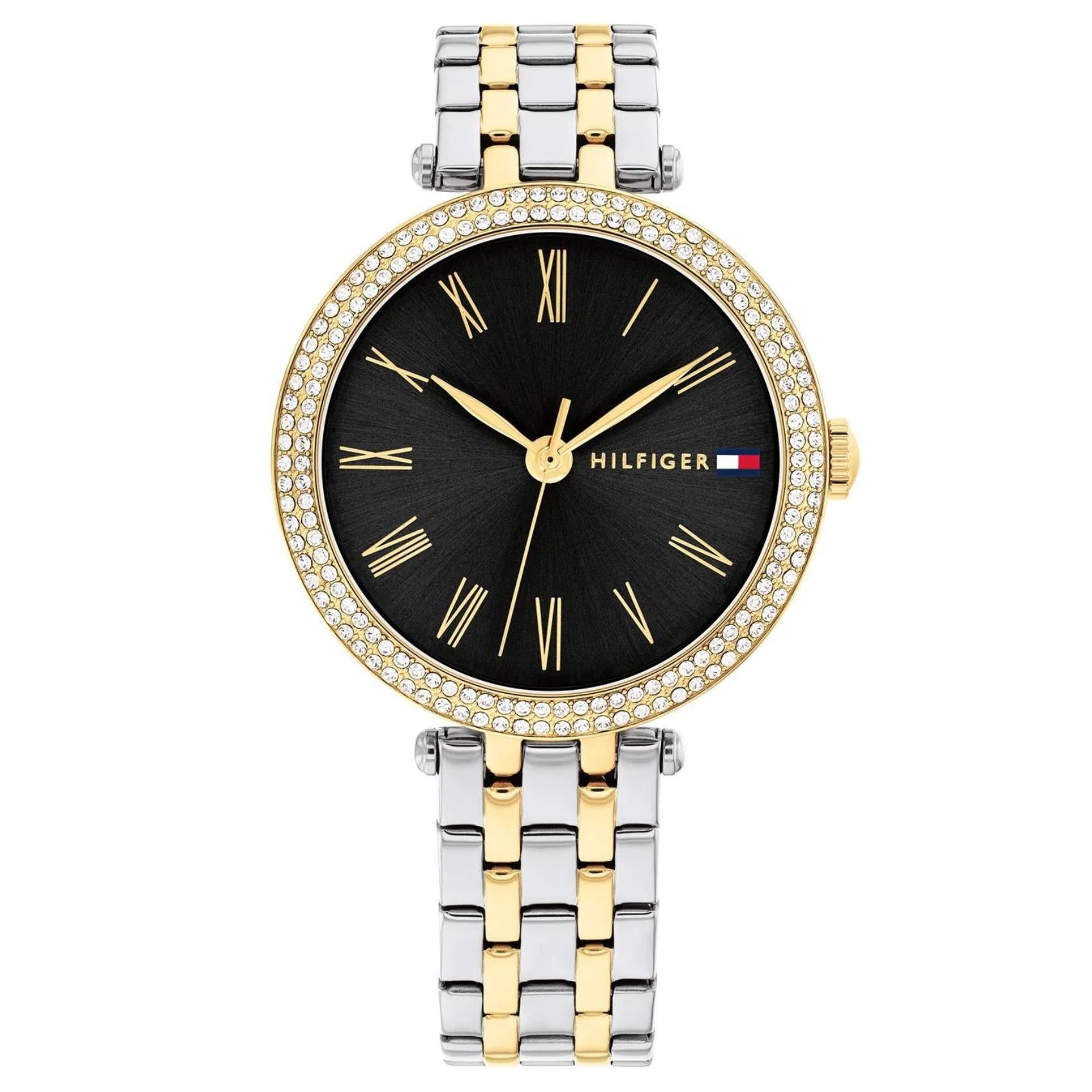 Γυναικείο ρολόι Tommy Hilfiger Natalie 1782720 με δίχρωμο ασημί-χρυσό ατσάλινο μπρασελέ και μαύρο καντράν 34mm με ζιργκόν.