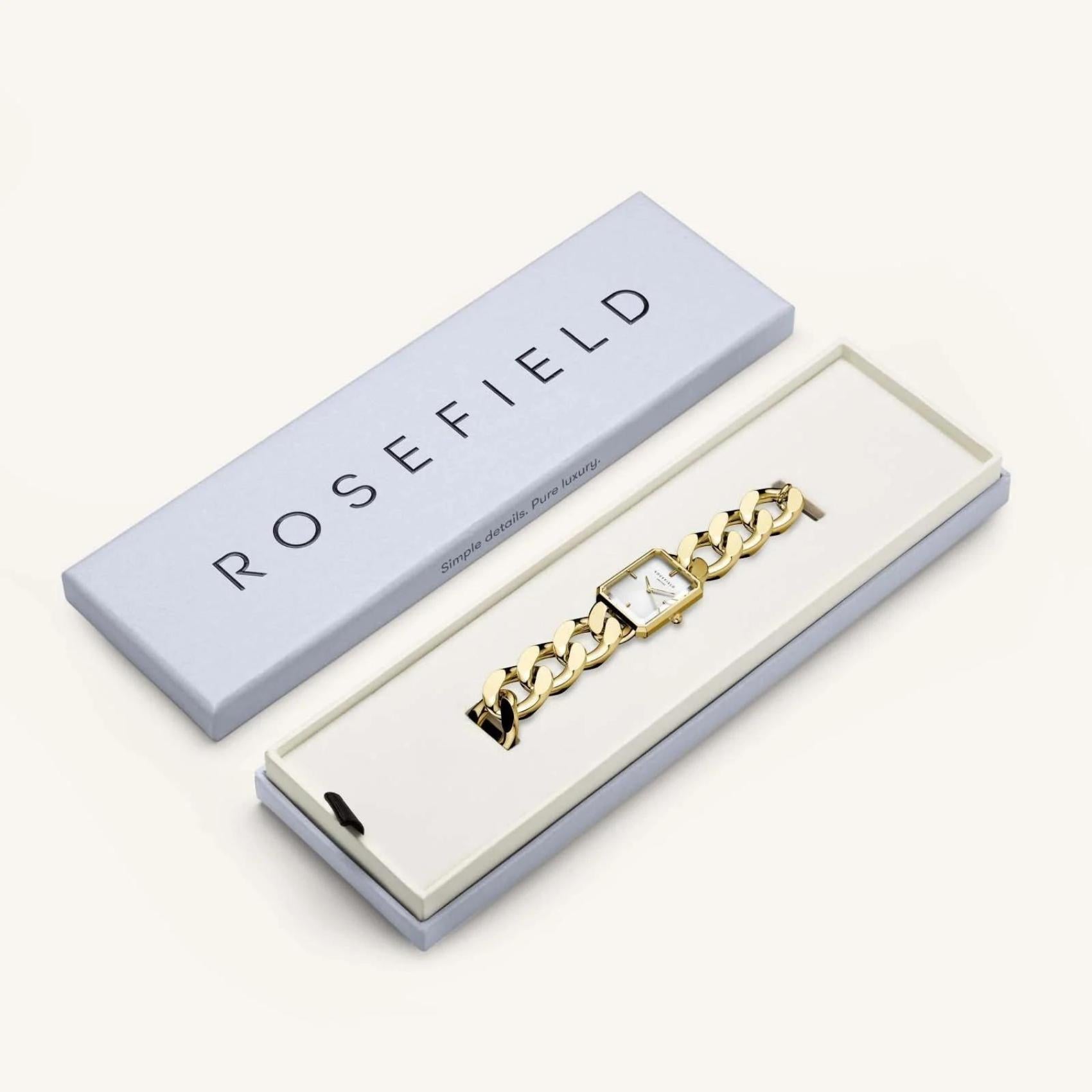 Ρολόι Rosefield Octagon XS Studio SWGSG-O55 με χρυσό ατσάλινο μπρασελέ σε σχήμα βραχιολιού με αλυσίδα και άσπρο καντράν σε οκτάγωνο σχήμα μεγέθους 19.5mmX24mm.