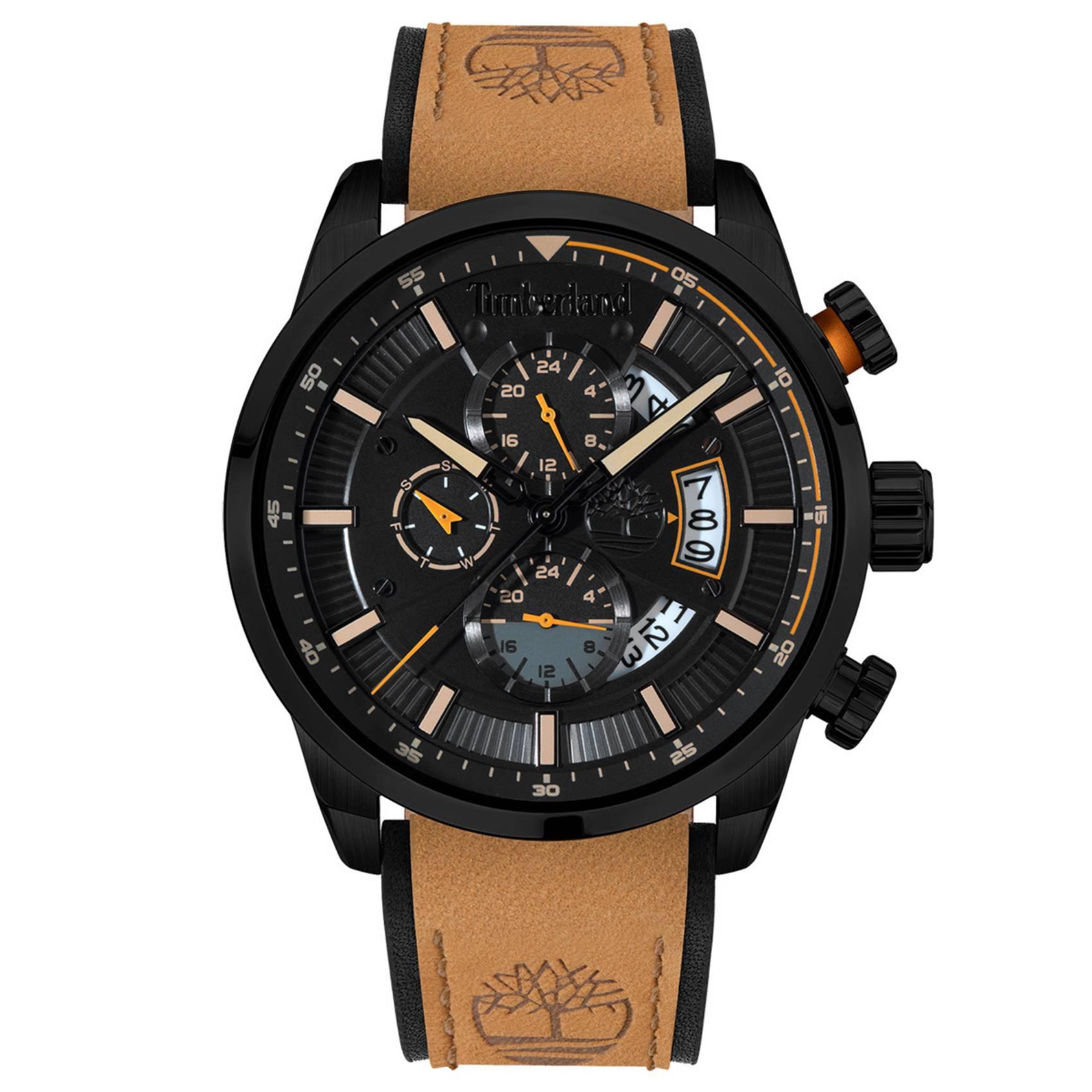 Ανδρικό ρολόι Timberland Callahan TDWGF2102603 χρονογράφος με ταμπά δερμάτινο λουράκι και μαύρο καντράν διαμέτρου 46mm με ένδειξη ημέρας-ημερομηνίας.