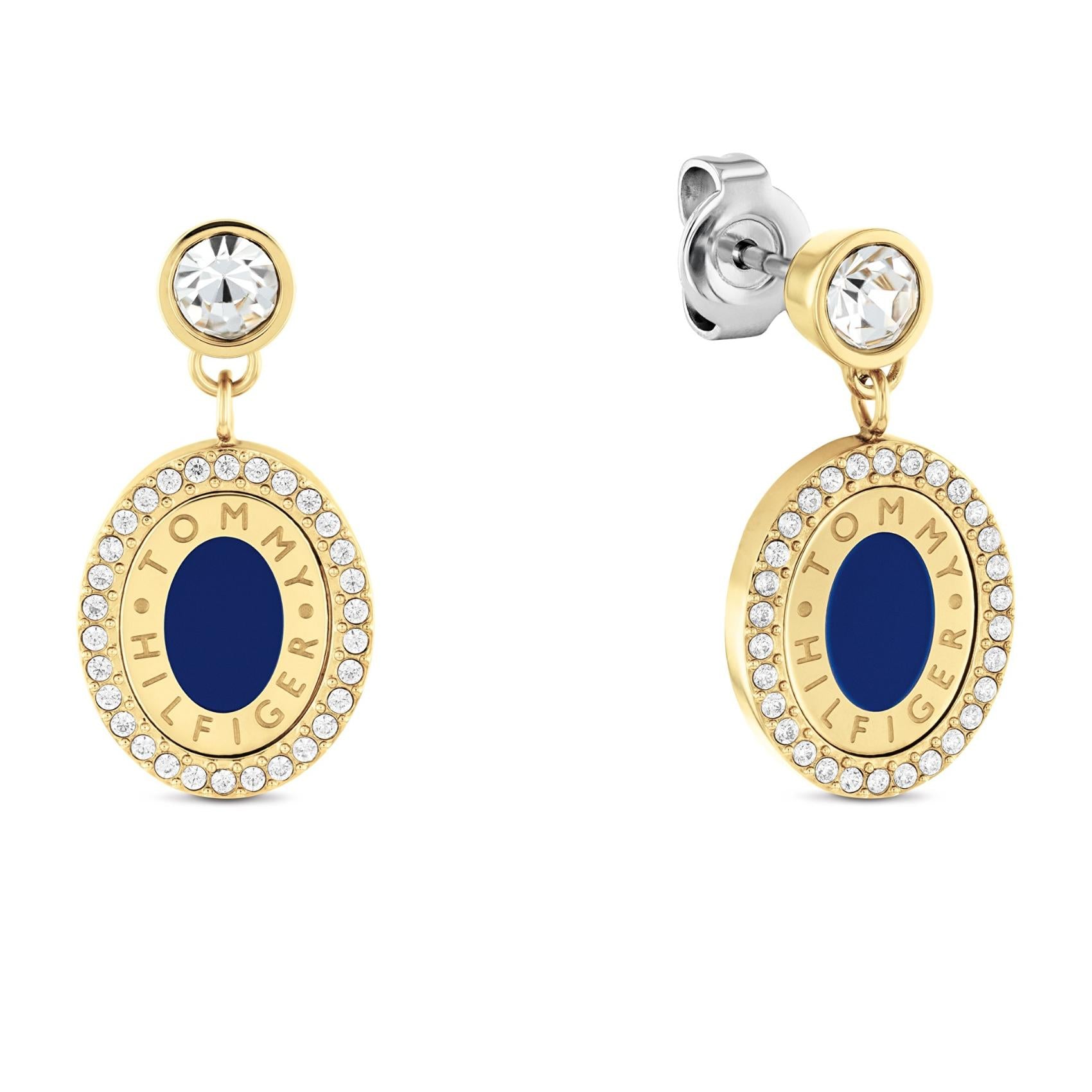 Κρεμαστά σκουλαρίκια Tommy Hilfiger 2780800 οβαλ με καρφωτό μονόπετρο, ζιργκόν και μπλε σμάλτο.