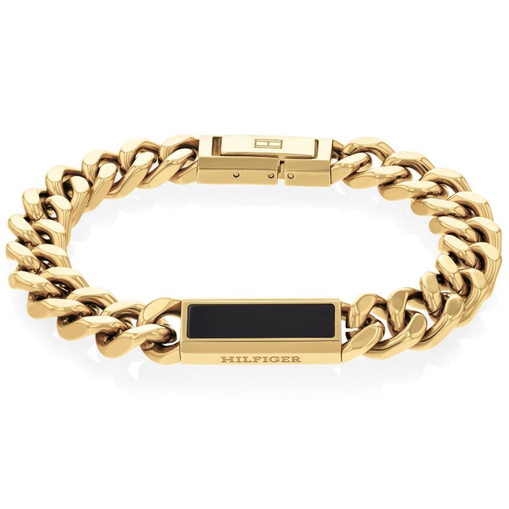 Ανδρικό βραχιόλι ατσάλινο Tommy Hilfiger 2790539 σε χρυσό χρώμα και χρυσή αγκράφα και μαύρη πέτρα.