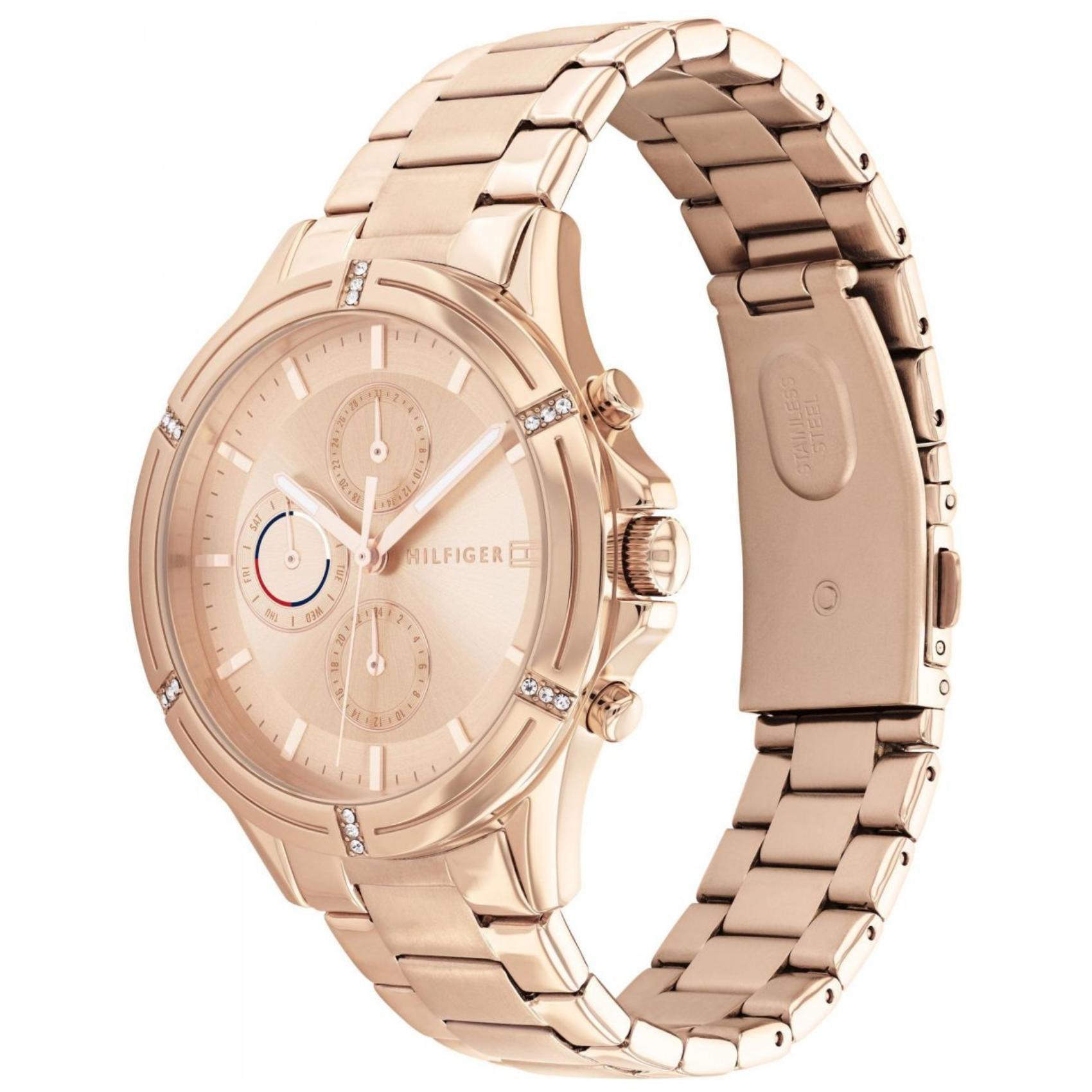 Γυναικείο ρολόι Tommy Hilfiger Ariana 1782505 με ροζ χρυσό ατσάλινο μπρασελέ και ροζ χρυσό καντράν διαμέτρου 38mm με ημέρα και ημερομηνία.