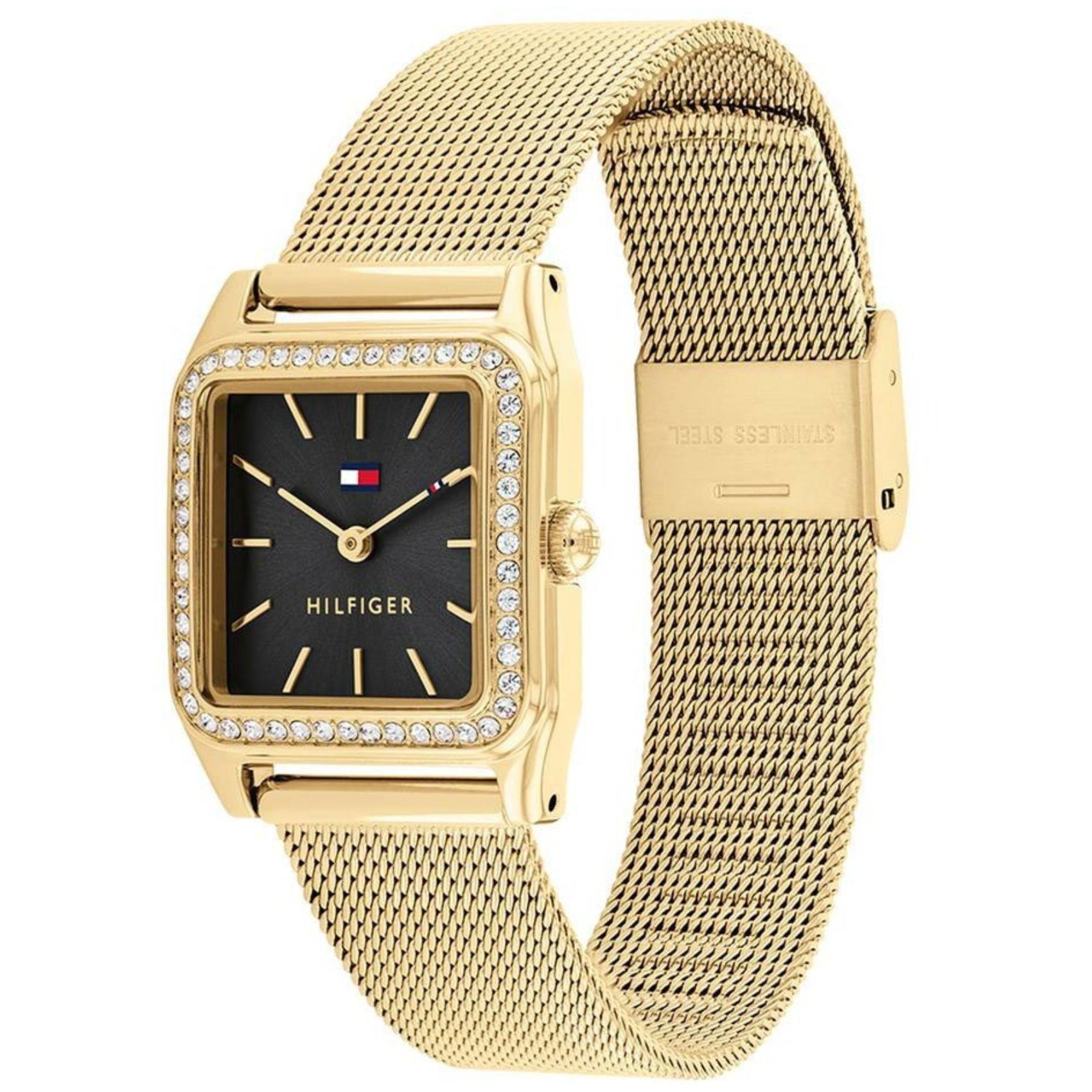 Ρολόι Tommy Hilfiger Toni 1782611 σε τετράγωνο σχήμα με χρυσό μπρασελέ και μαύρο καντράν με διακόσμηση από ζιργκόν στο στεφάνι.
