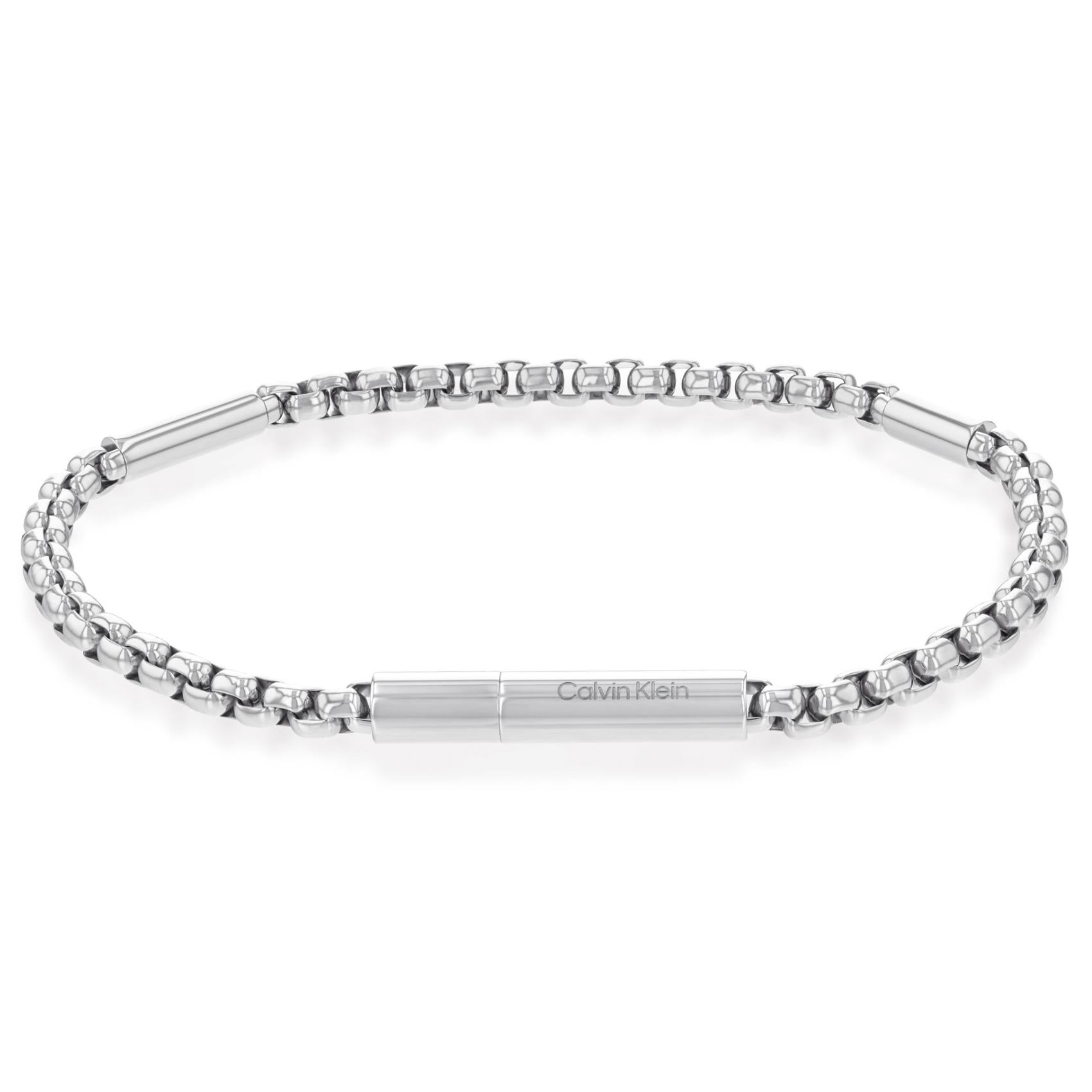 Ανδρικό βραχιόλι Calvin Klein 35000574 ατσάλινο σε ασημί χρώμα με πλέξη αλυσίδας & ασημί στοιχεία.