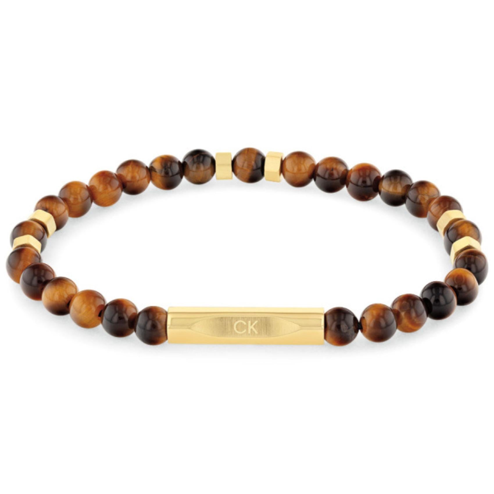 Ανδρικό βραχιόλι Calvin Klein 35000576 με καφέ χάντρες και επίχρυσα στοιχεία.