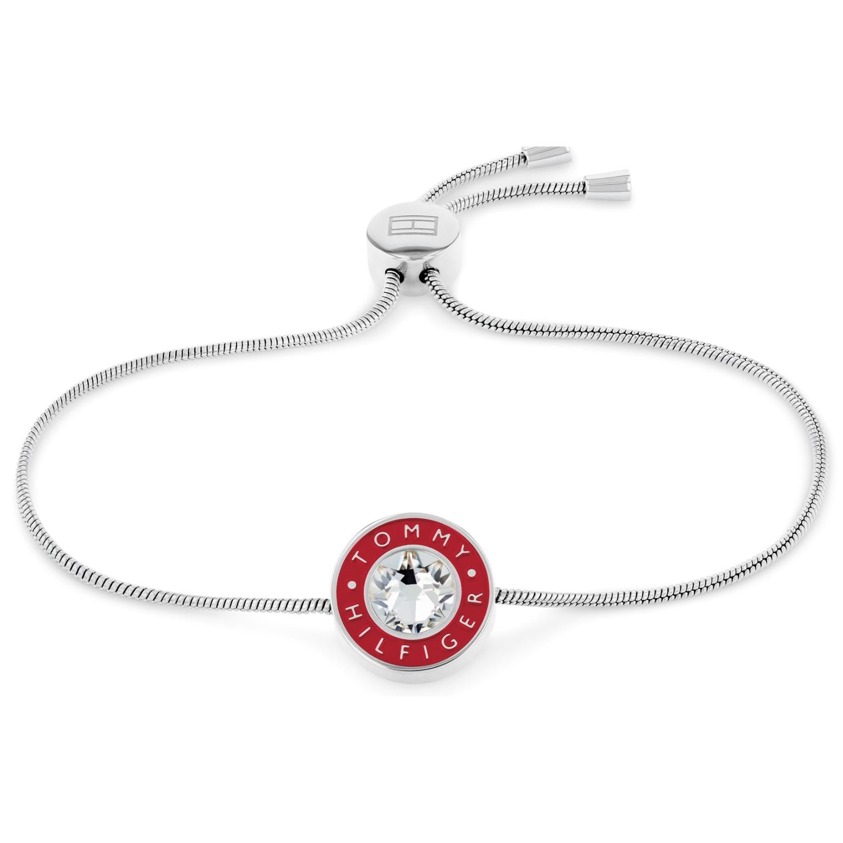 Βραχιόλι Tommy Hilfiger 2780805 ατσάλινο με ένα κεντρικό ζιργκόν που περιβάλεται από κόκκινο σμάλτο.